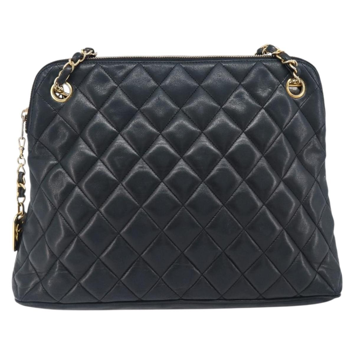 CHANEL Matelasse Chain Shoulder Bag Lamb Skin Black Gold CC Auth 203481V