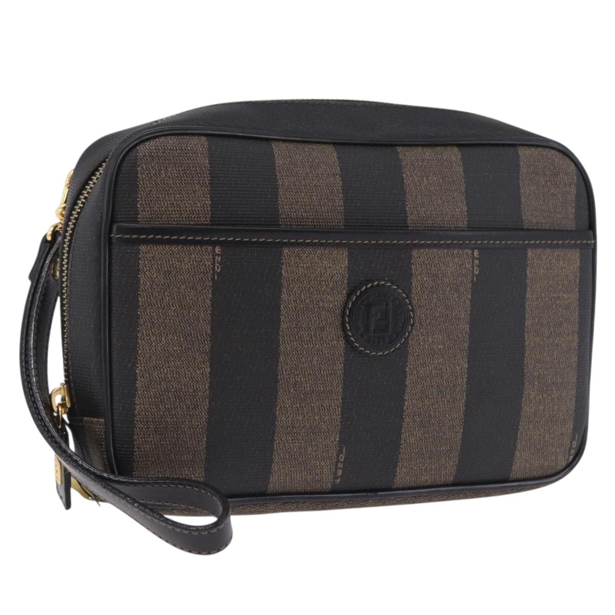 FENDI Pecan Clutch Bag PVC Leather Brown Gold Tone Auth 203483V