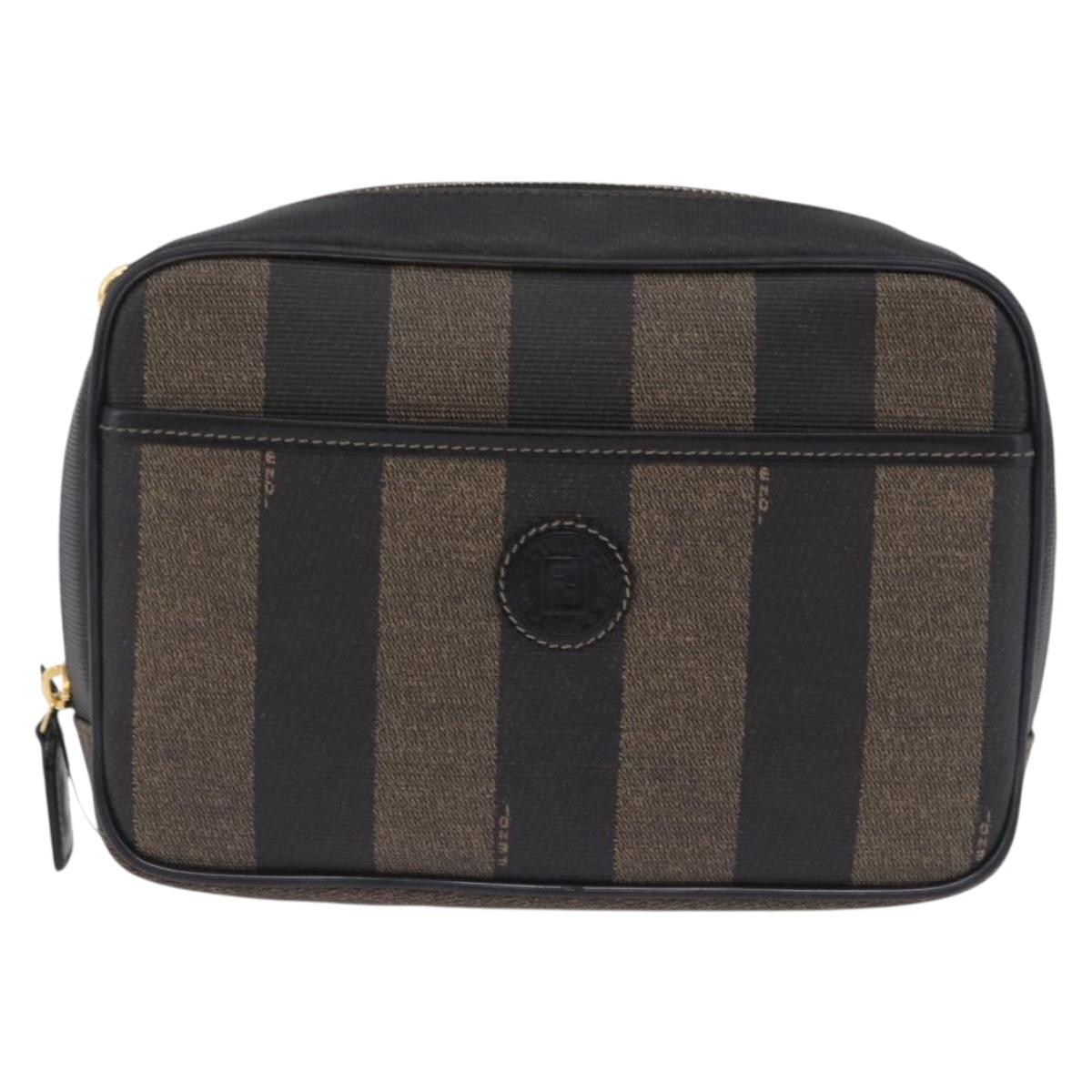 FENDI Pecan Clutch Bag PVC Leather Brown Gold Tone Auth 203483V