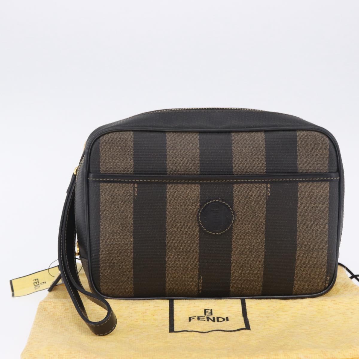 FENDI Pecan Clutch Bag PVC Leather Brown Gold Tone Auth 203483V