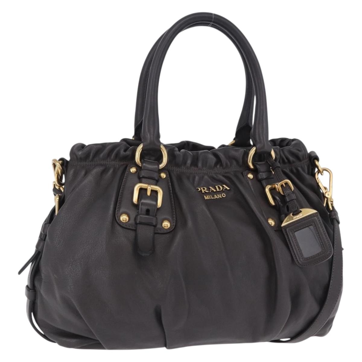 PRADA Hand Bag Leather 2way Brown Gold Auth 203484M