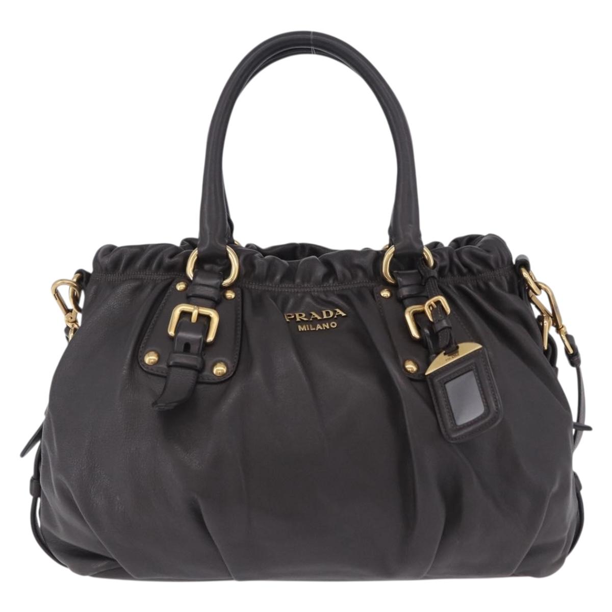 PRADA Hand Bag Leather 2way Brown Gold Auth 203484M