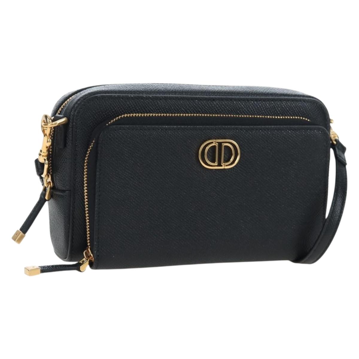 Christian Dior Karo Double Pouch Shoulder Bag Leather Black Gold Auth 203485M