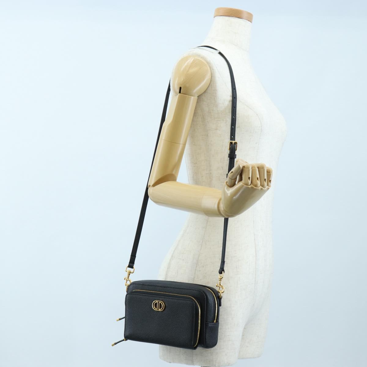Christian Dior Karo Double Pouch Shoulder Bag Leather Black Gold Auth 203485M