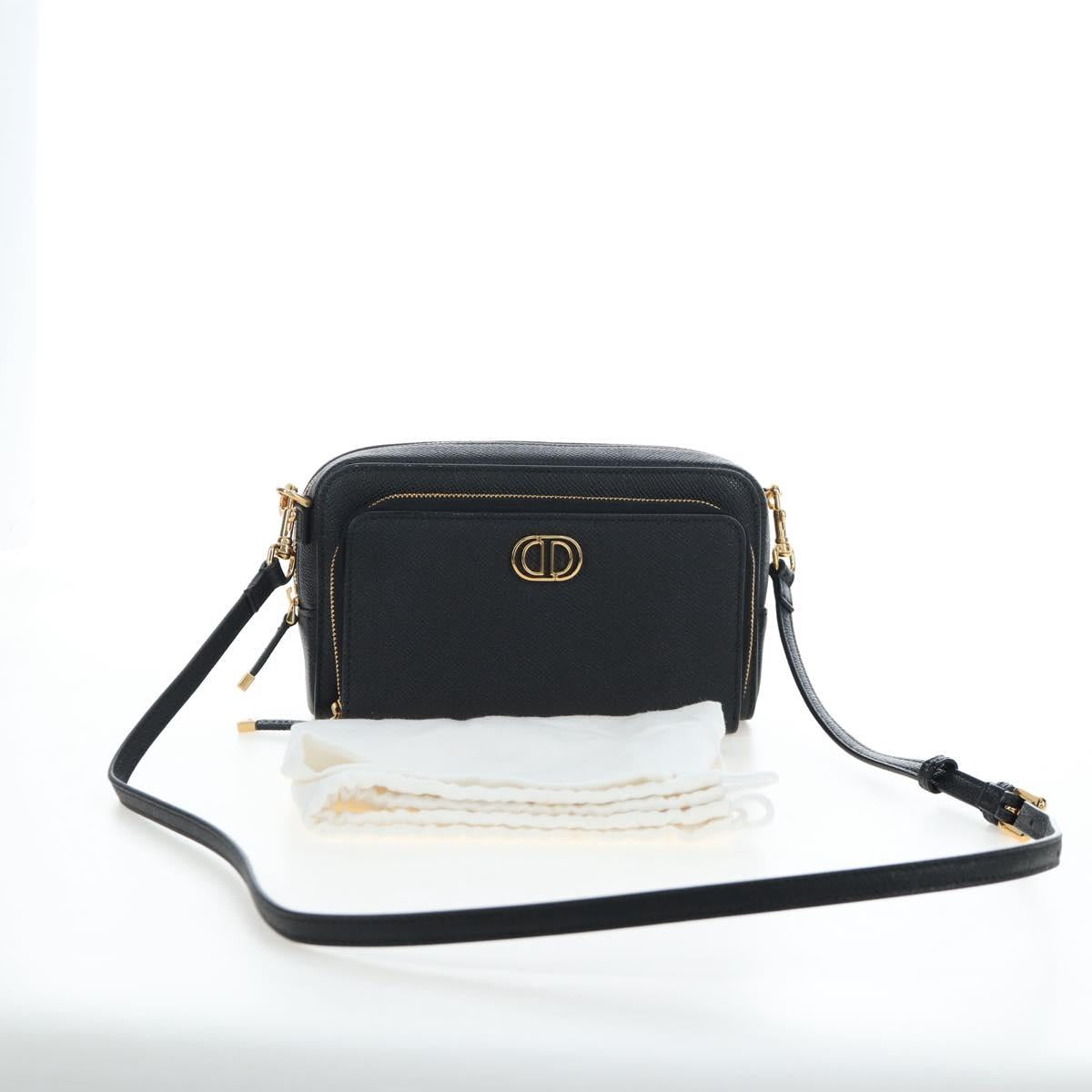 Christian Dior Karo Double Pouch Shoulder Bag Leather Black Gold Auth 203485M