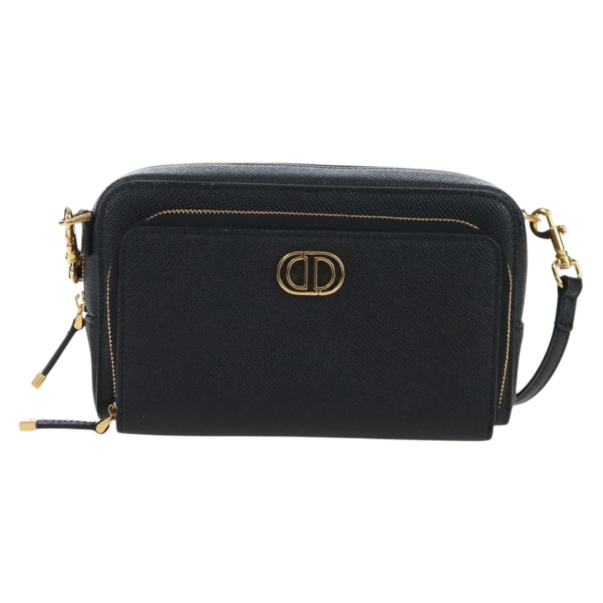 Christian Dior Karo Double Pouch Shoulder Bag Leather Black Gold Auth 203485M