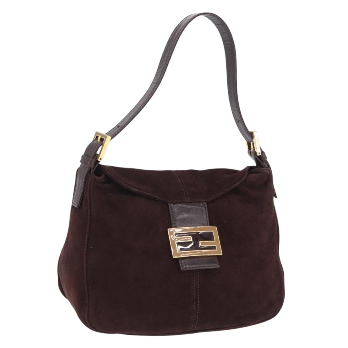 FENDI Mamma Baguette Shoulder Bag Suede Brown Gold Auth 203494V
