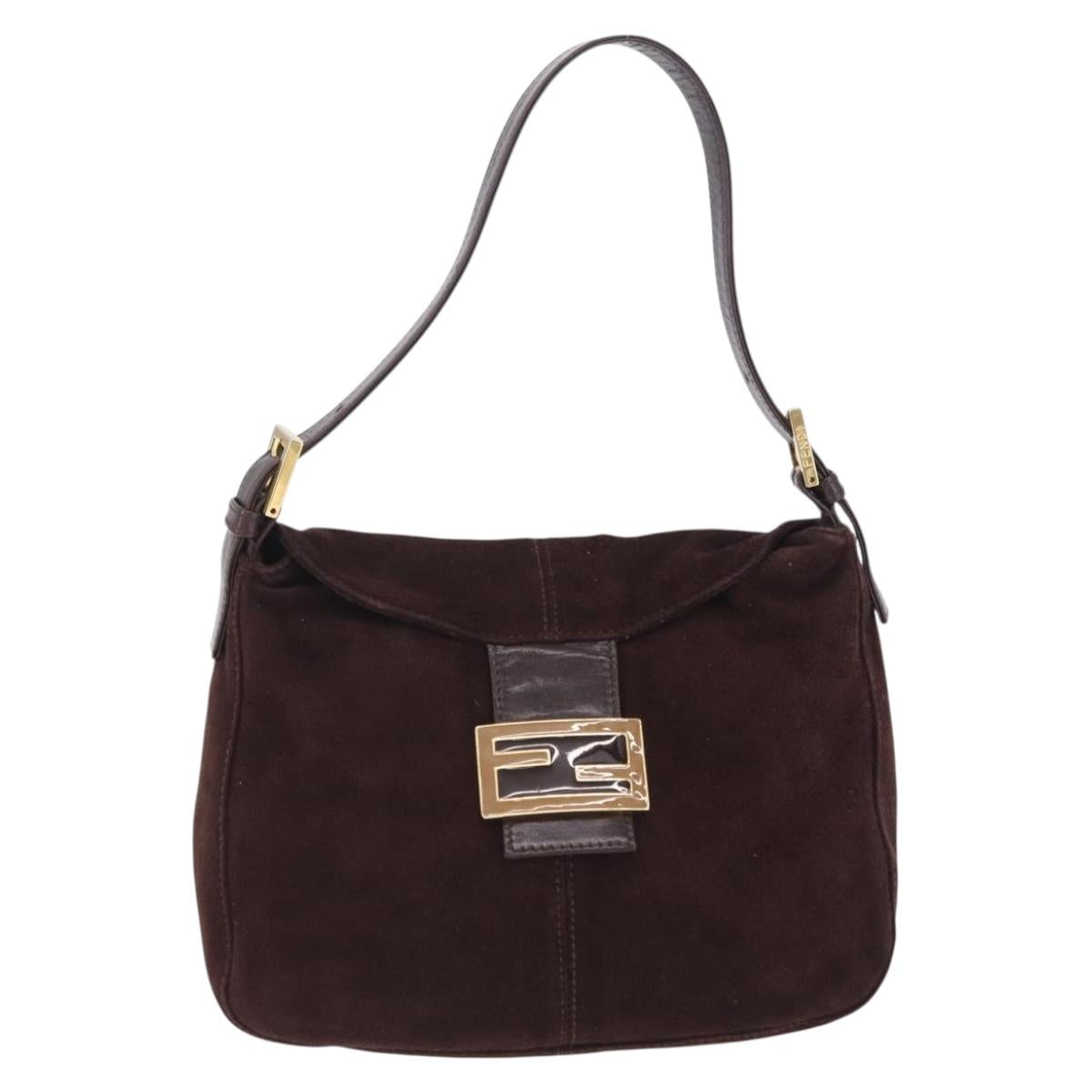 FENDI Mamma Baguette Shoulder Bag Suede Brown Gold Auth 203494V