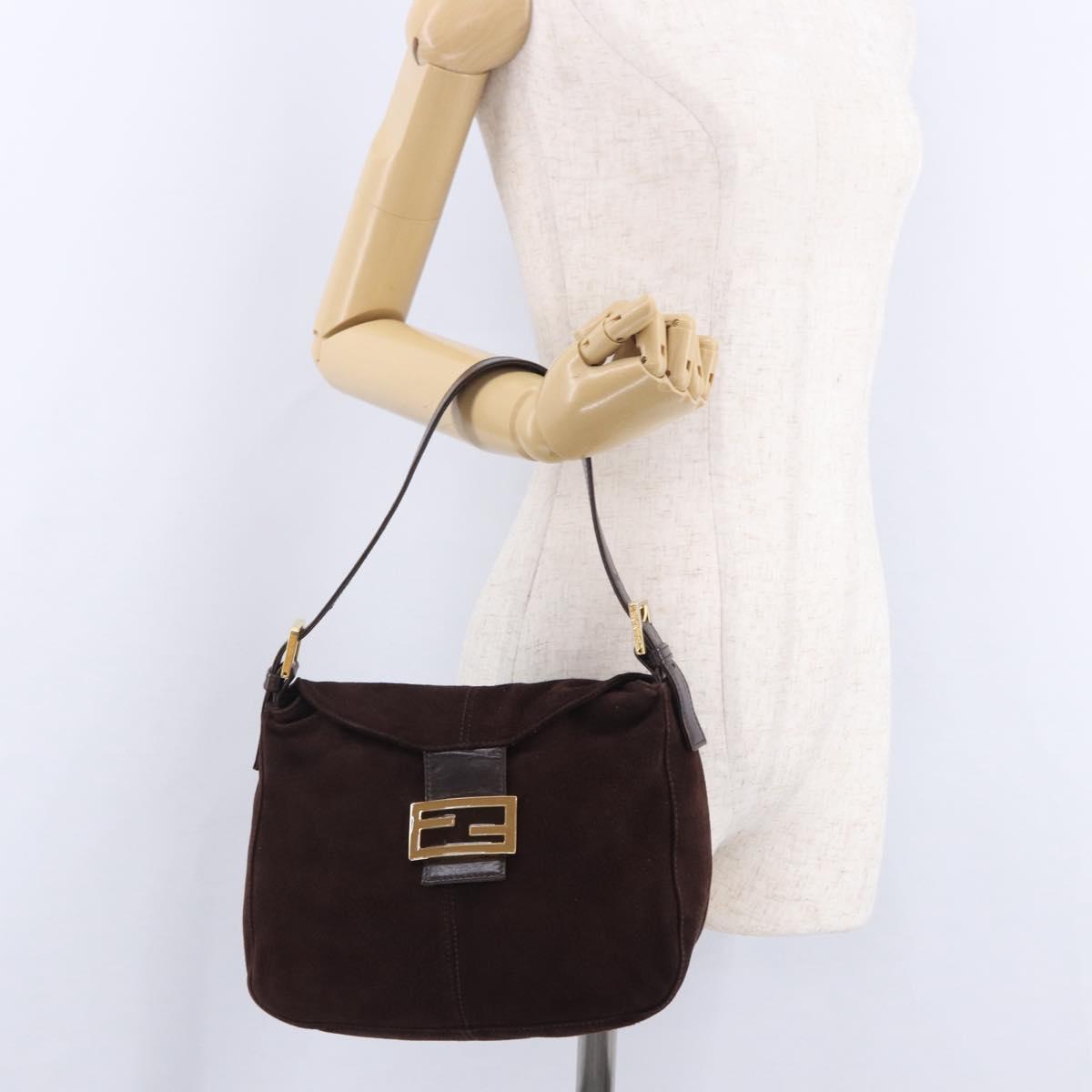 FENDI Mamma Baguette Shoulder Bag Suede Brown Gold Auth 203494V