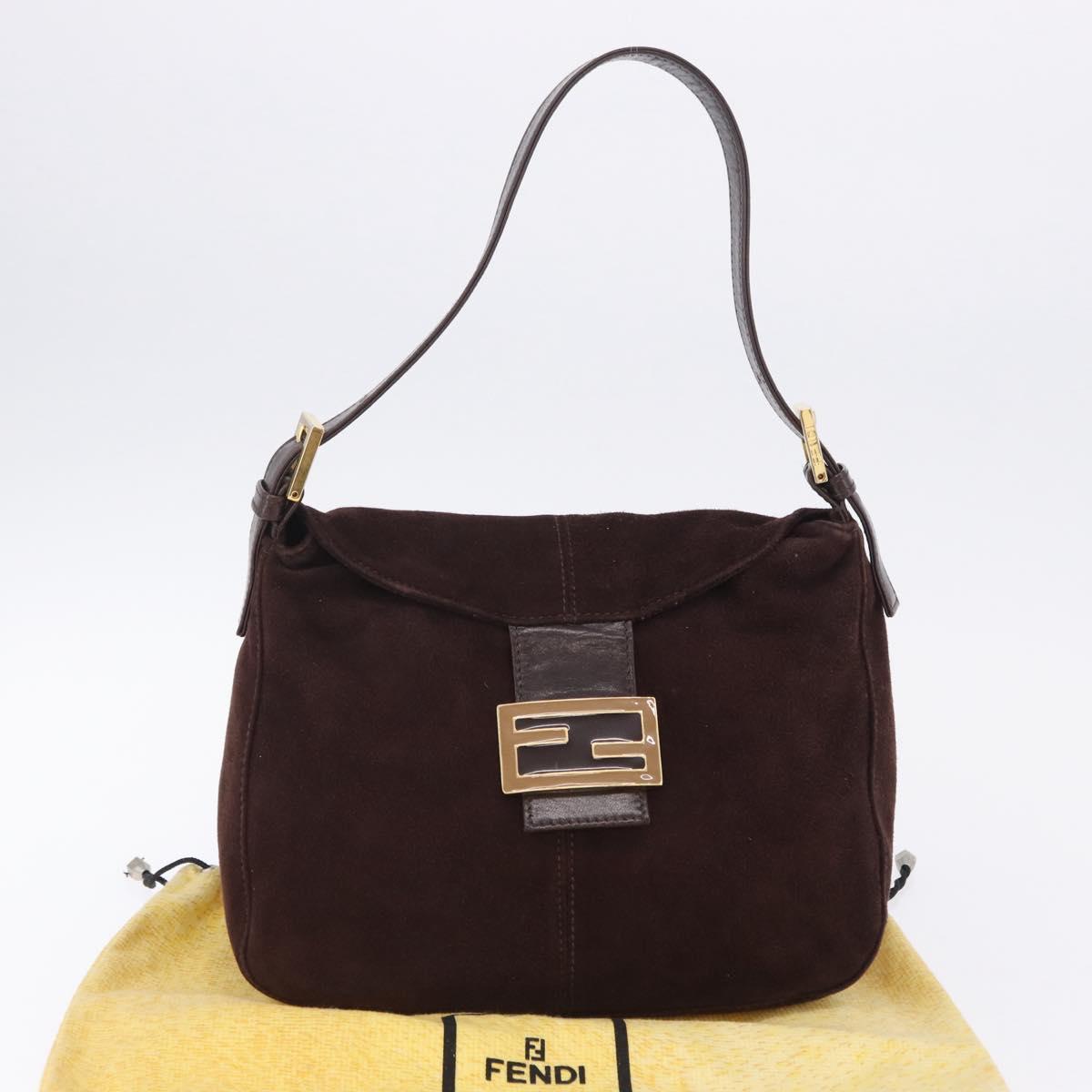 FENDI Mamma Baguette Shoulder Bag Suede Brown Gold Auth 203494V