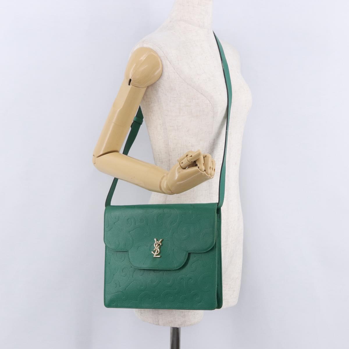 SAINT LAURENT Shoulder Bag Leather Green Gold Tone Auth 203497