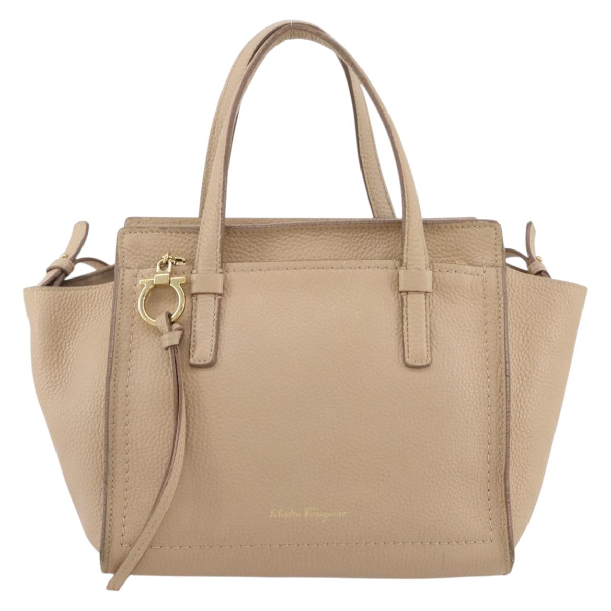 Salvatore Ferragamo Gancini Hand Bag Leather 2way Beige Gold Auth 203581
