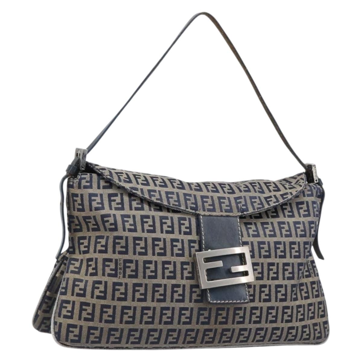 FENDI Zucchino Canvas Mamma Baguette Shoulder Bag Navy Silver Auth 203602