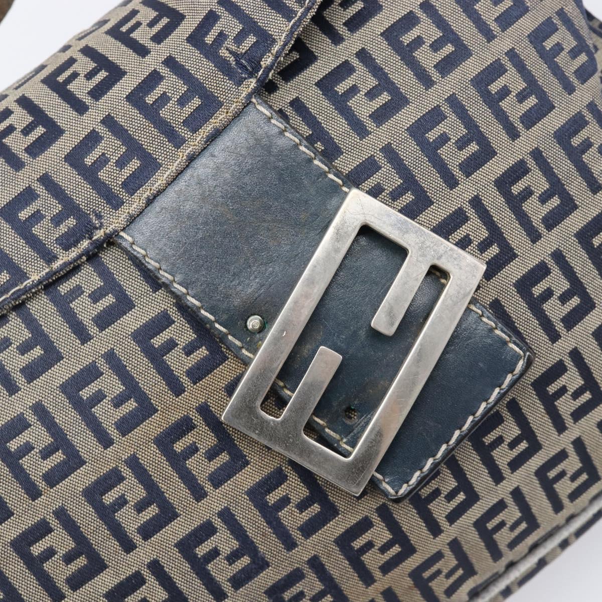 FENDI Zucchino Canvas Mamma Baguette Shoulder Bag Navy Silver Auth 203602