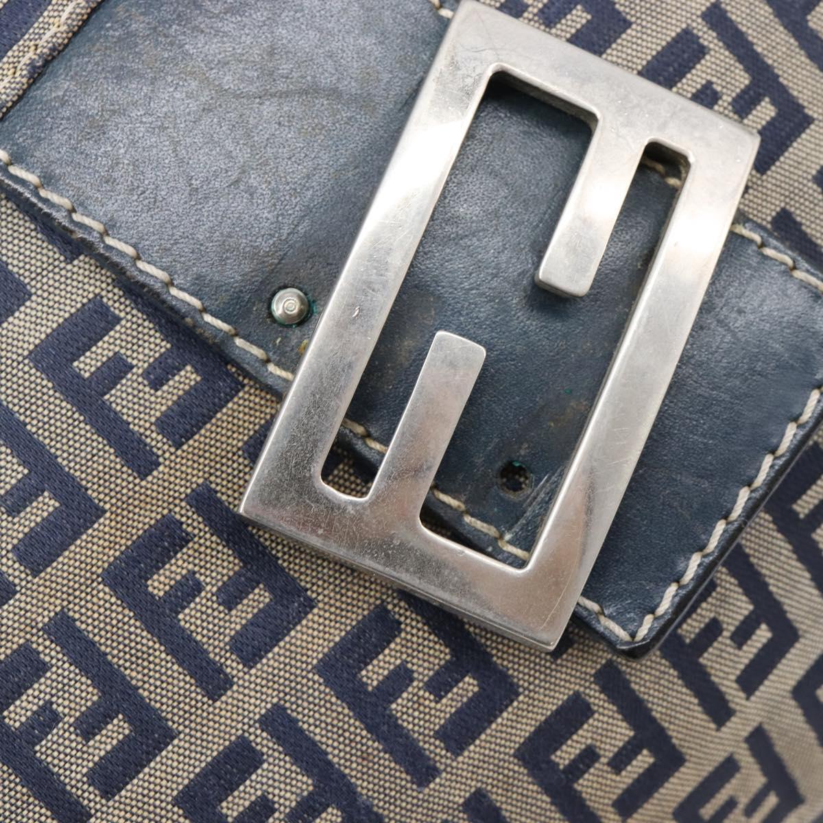 FENDI Zucchino Canvas Mamma Baguette Shoulder Bag Navy Silver Auth 203602