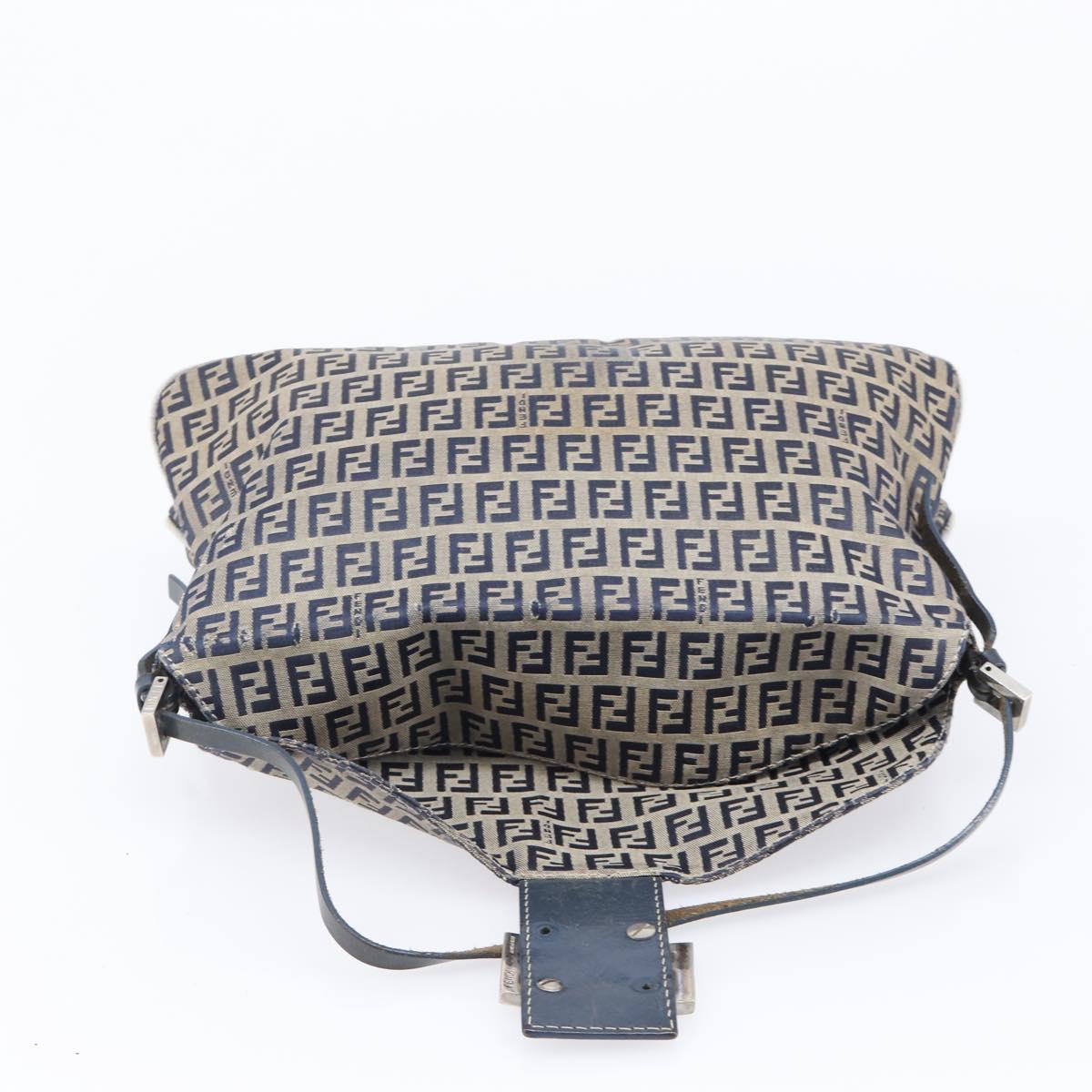 FENDI Zucchino Canvas Mamma Baguette Shoulder Bag Navy Silver Auth 203602
