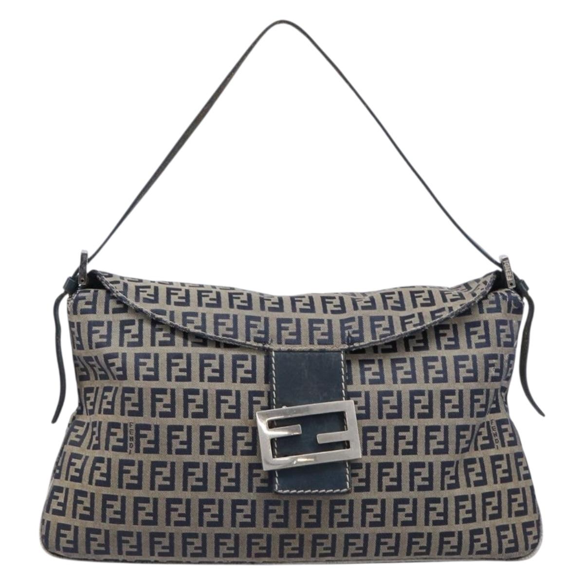 FENDI Zucchino Canvas Mamma Baguette Shoulder Bag Navy Silver Auth 203602