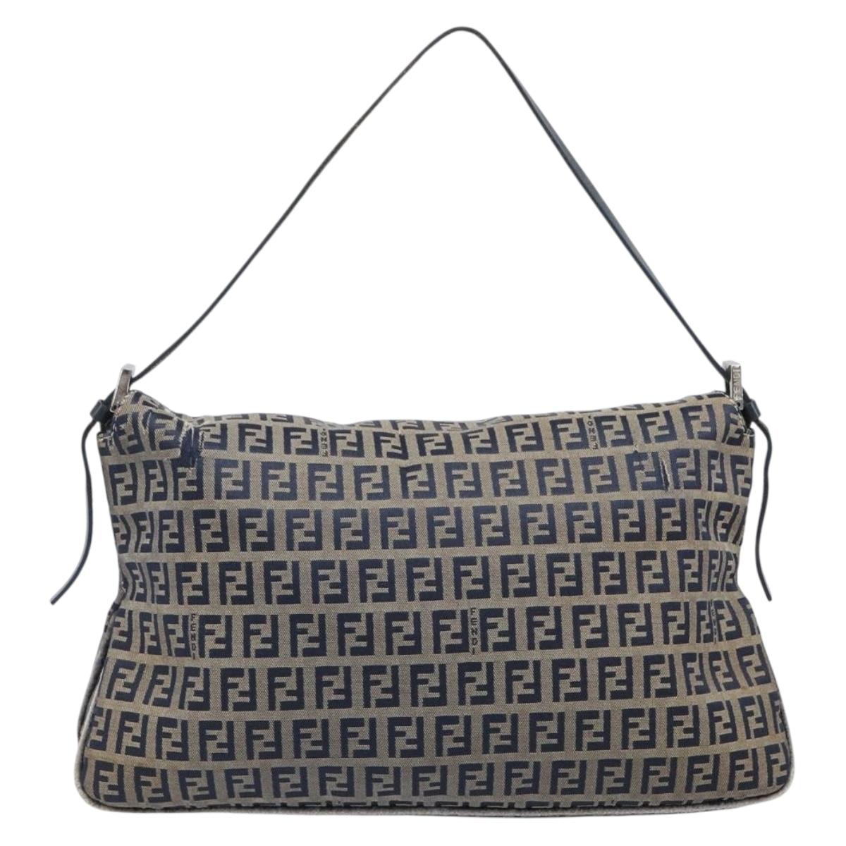 FENDI Zucchino Canvas Mamma Baguette Shoulder Bag Navy Silver Auth 203602