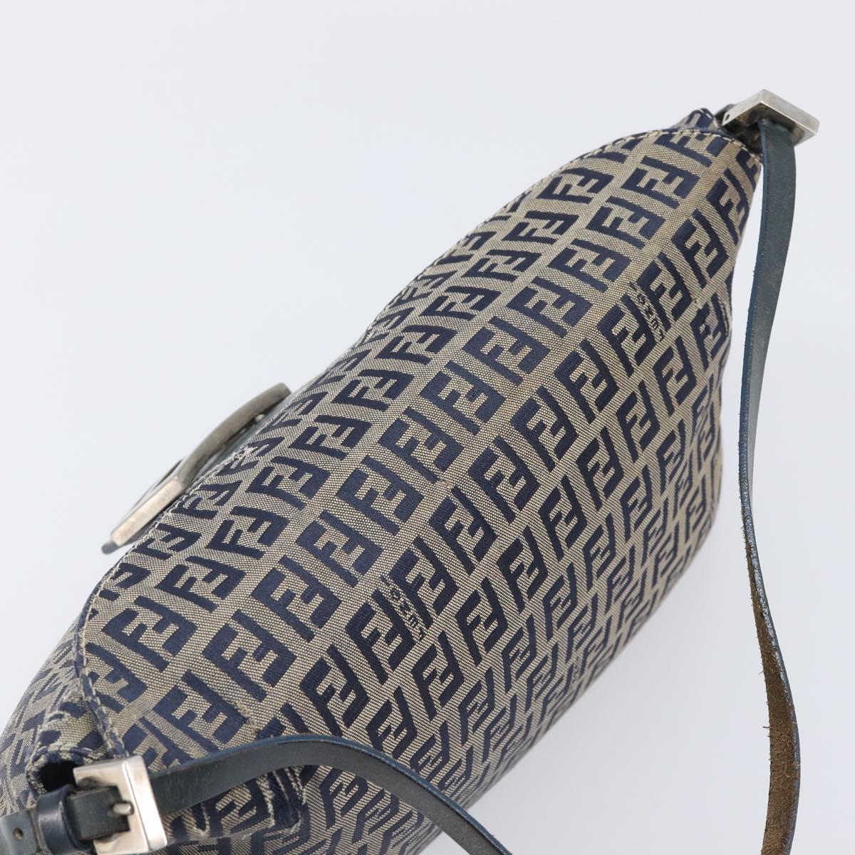 FENDI Zucchino Canvas Mamma Baguette Shoulder Bag Navy Silver Auth 203602