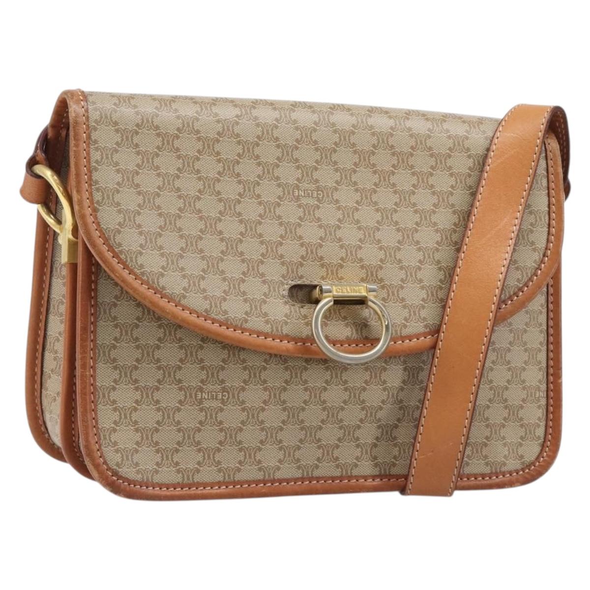 CELINE Macadam Canvas Shoulder Bag PVC Beige Gold Auth 203607