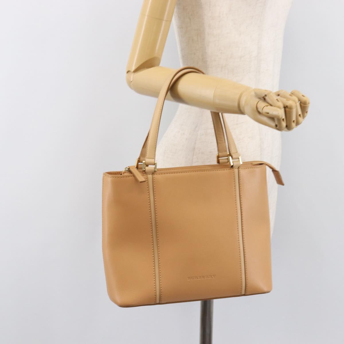 BURBERRY Hand Bag Leather Beige Gold Auth 203613A