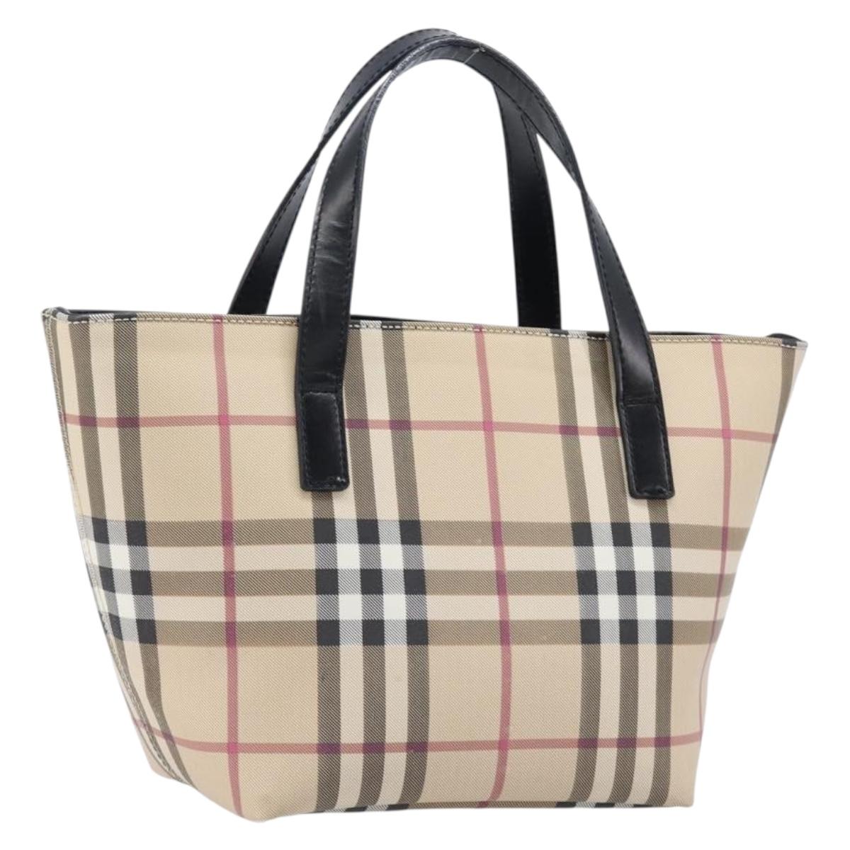 BURBERRY Nova Check Hand Bag PVC Beige Silver Auth 203614
