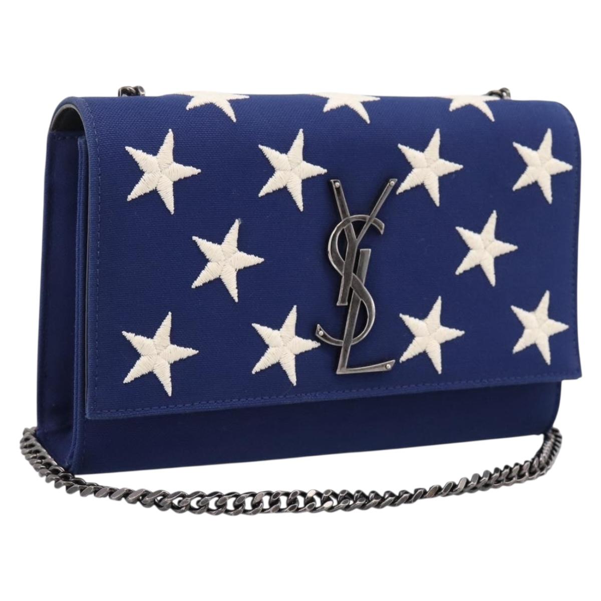 SAINT LAURENT Cassandra Chain Shoulder Bag Canvas Blue Silver Auth 203616M