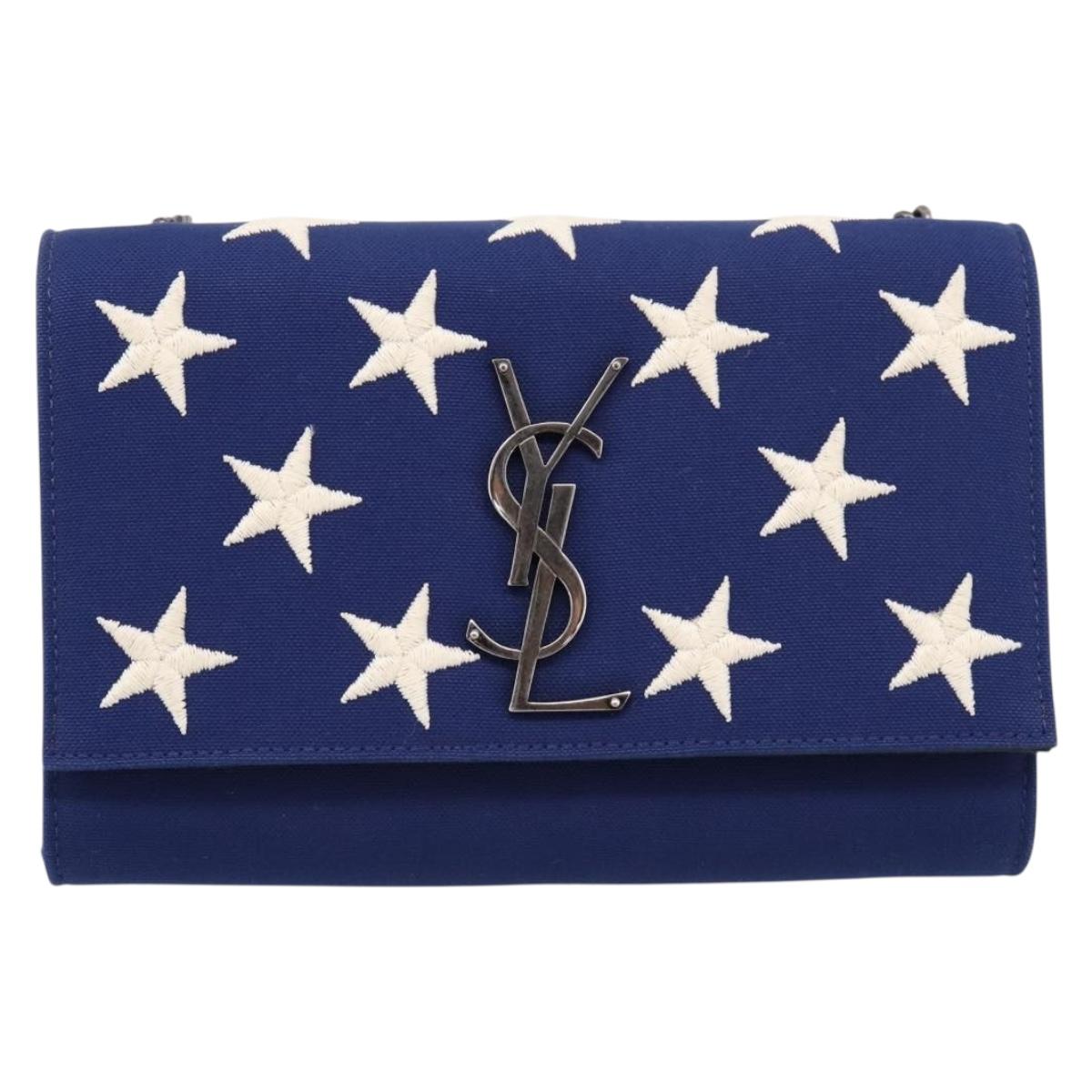 SAINT LAURENT Cassandra Chain Shoulder Bag Canvas Blue Silver Auth 203616M