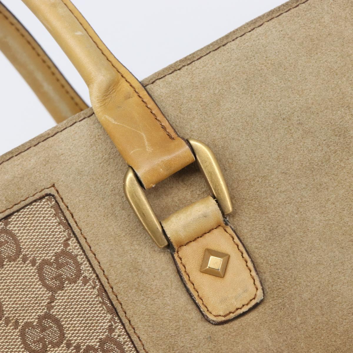 GUCCI GG Canvas Hand Bag Suede Beige Gold 120897 Auth 203634