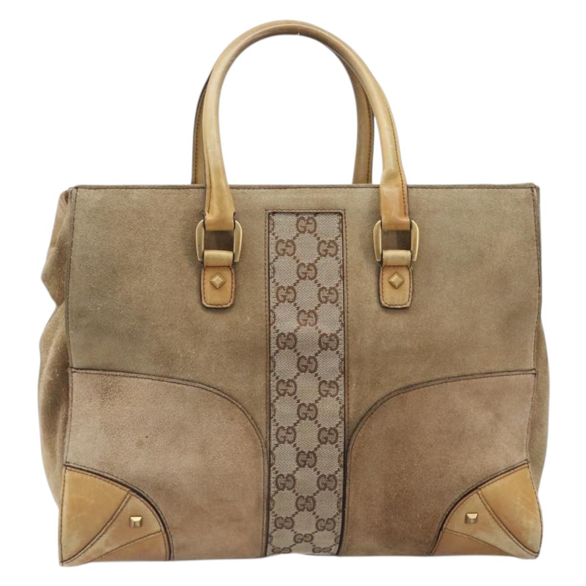 GUCCI GG Canvas Hand Bag Suede Beige Gold 120897 Auth 203634