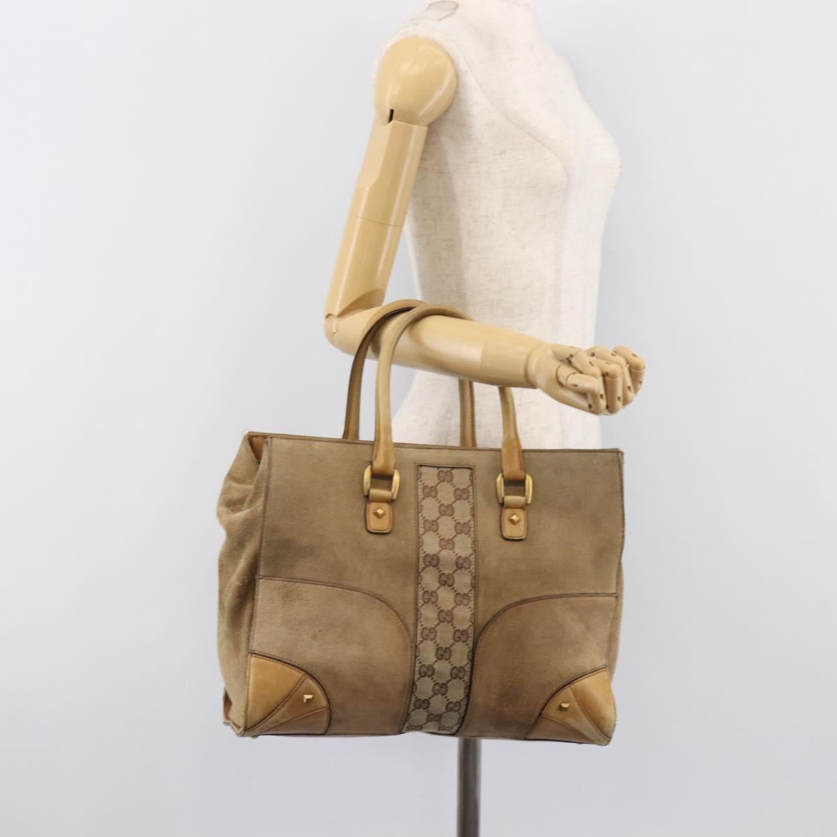 GUCCI GG Canvas Hand Bag Suede Beige Gold 120897 Auth 203634