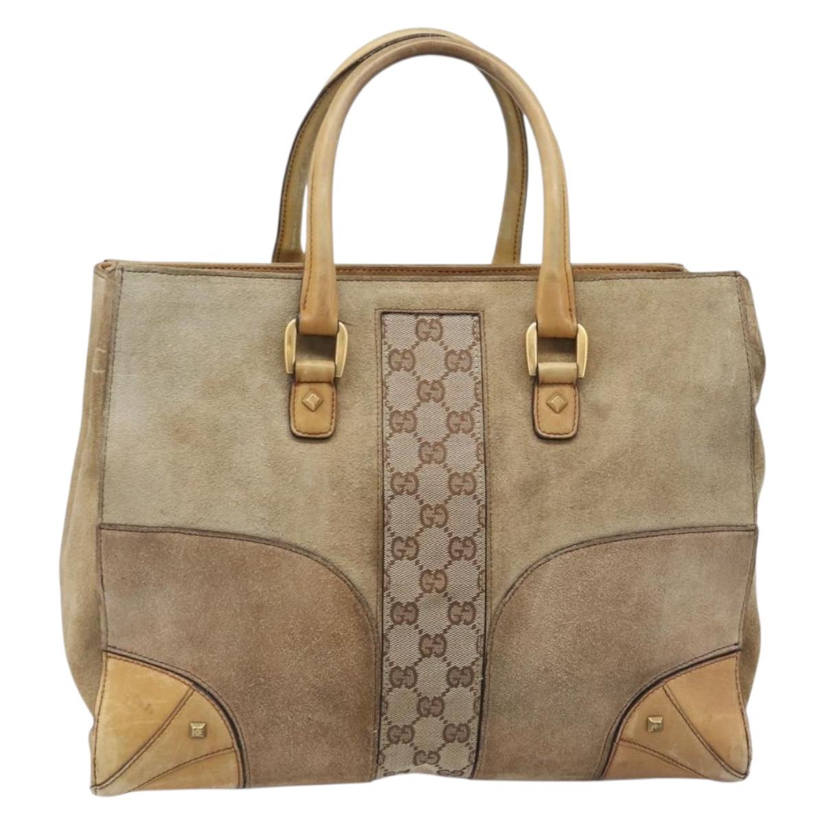 GUCCI GG Canvas Hand Bag Suede Beige Gold 120897 Auth 203634