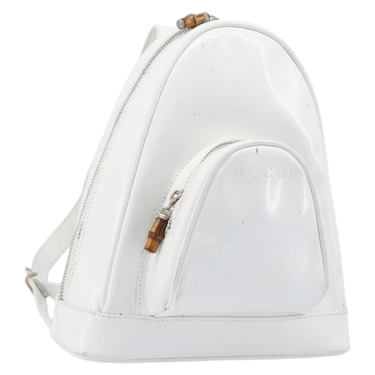GUCCI Bamboo Shoulder Bag Patent Leather White Silver Auth 203638