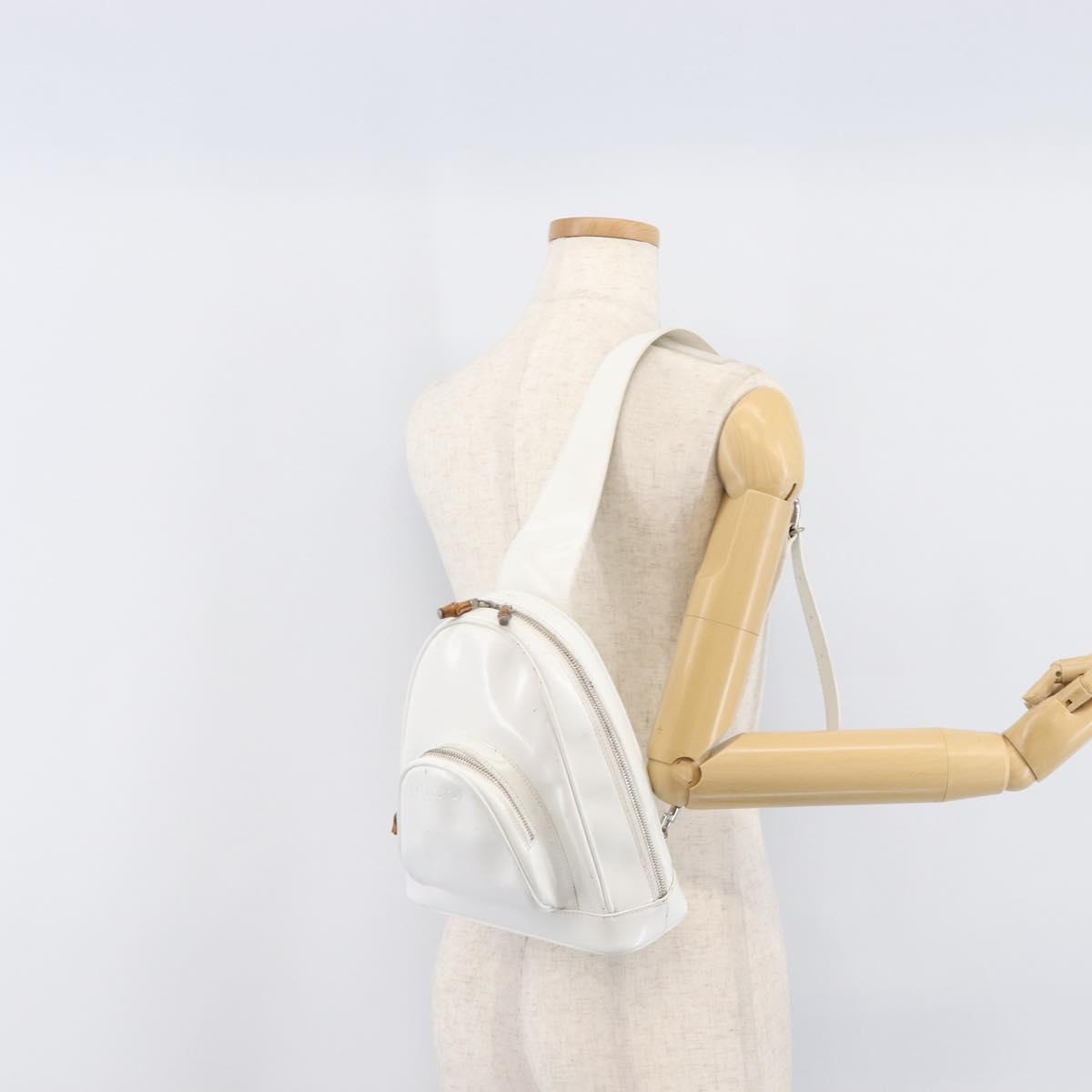 GUCCI Bamboo Shoulder Bag Patent Leather White Silver Auth 203638