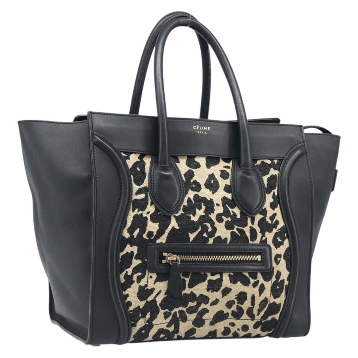 CELINE Luggage Mini Shopper Hand Bag Canvas Leather Black Gold Auth 203648A