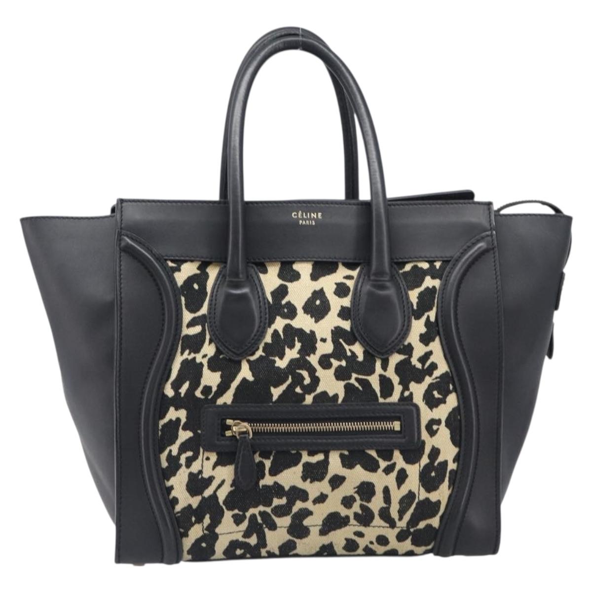 CELINE Luggage Mini Shopper Hand Bag Canvas Leather Black Gold Auth 203648A