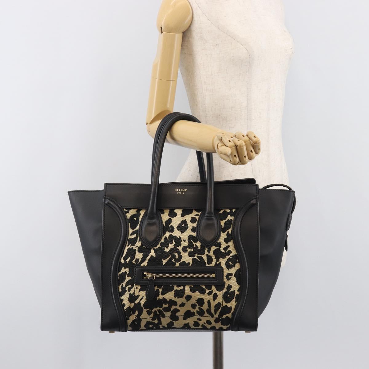 CELINE Luggage Mini Shopper Hand Bag Canvas Leather Black Gold Auth 203648A