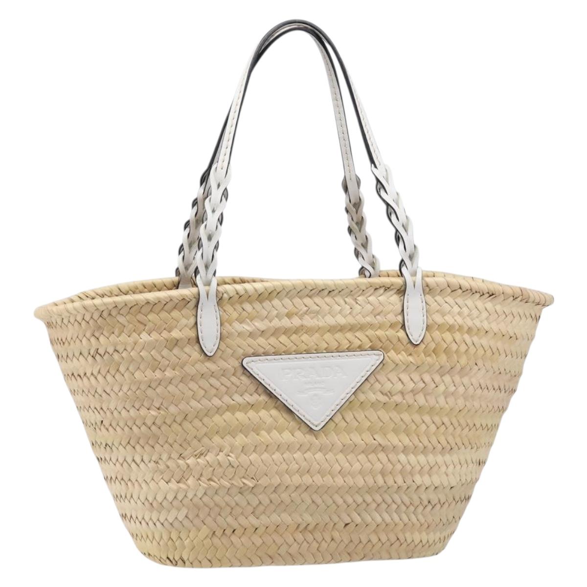 PRADA Woven Palm Tote Bag Raffia Beige Auth 203649M