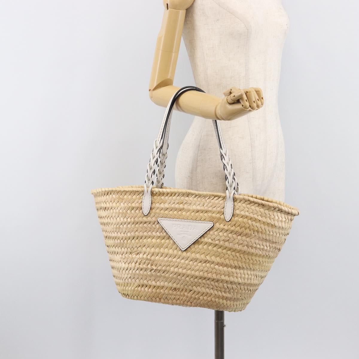 PRADA Woven Palm Tote Bag Raffia Beige Auth 203649M