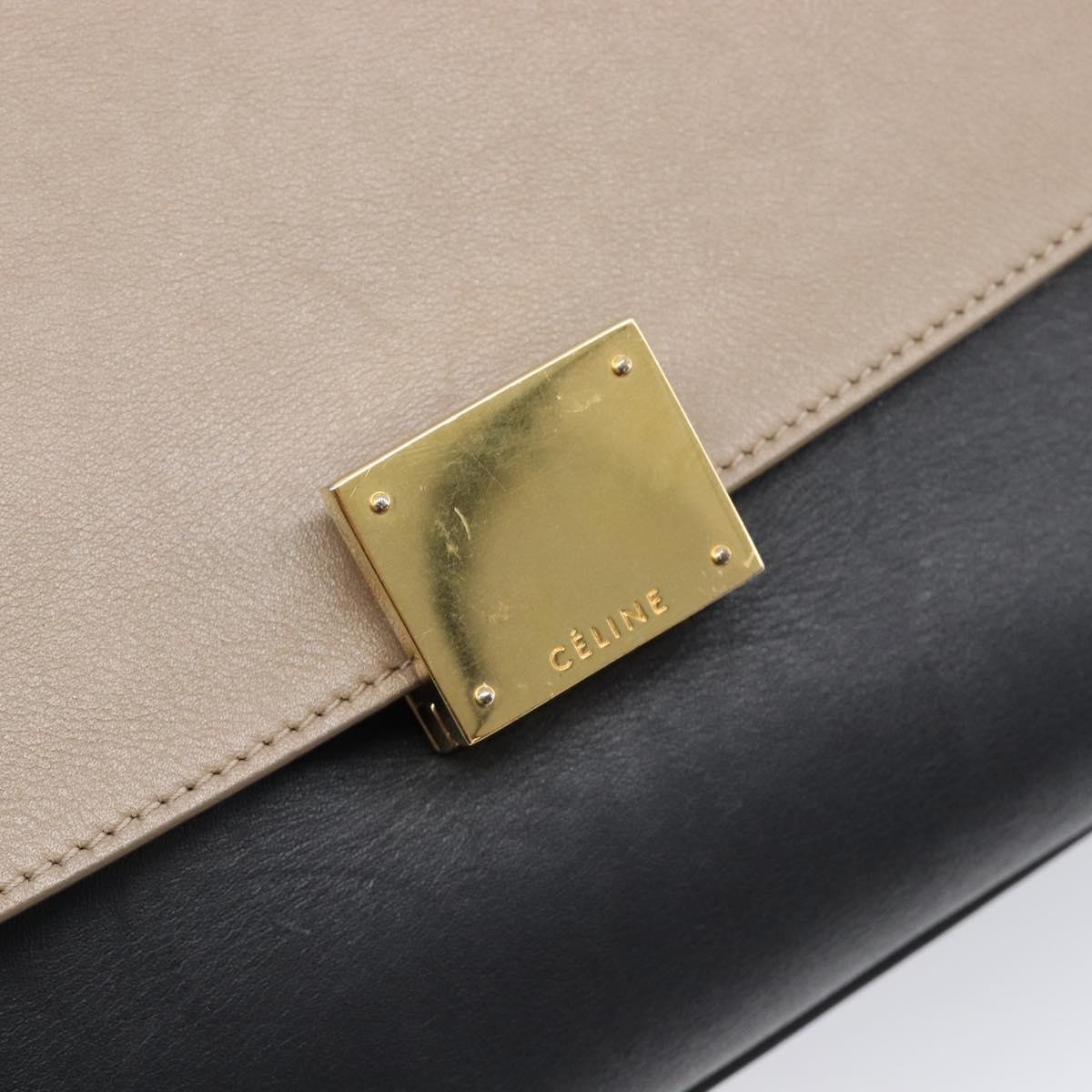 CELINE Trapeze Hand Bag Leather 2way Beige Gold Auth 203653