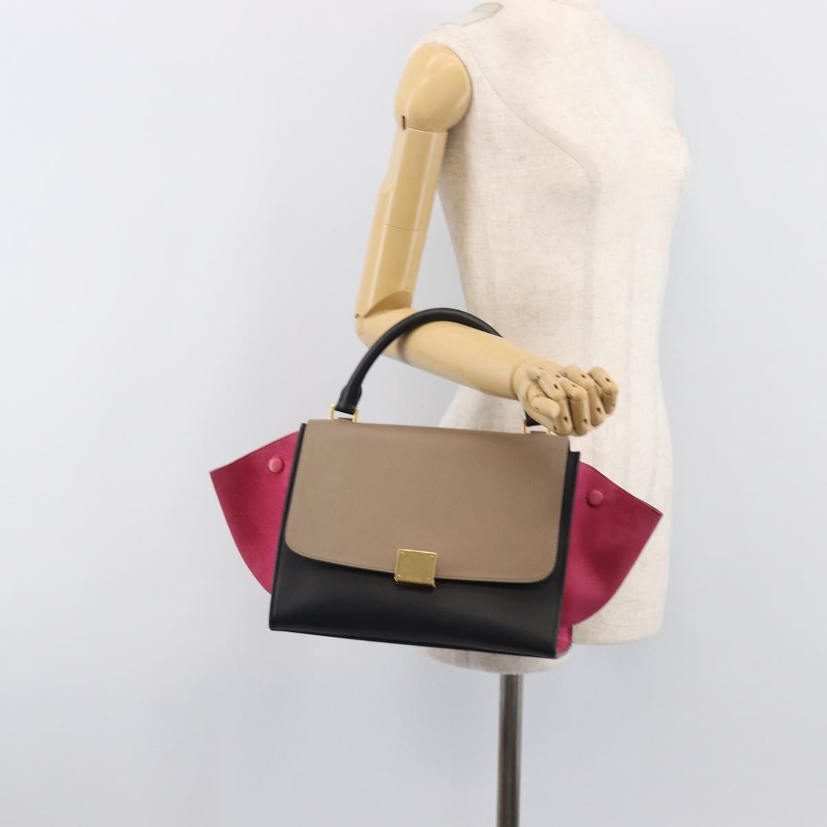 CELINE Trapeze Hand Bag Leather 2way Beige Gold Auth 203653