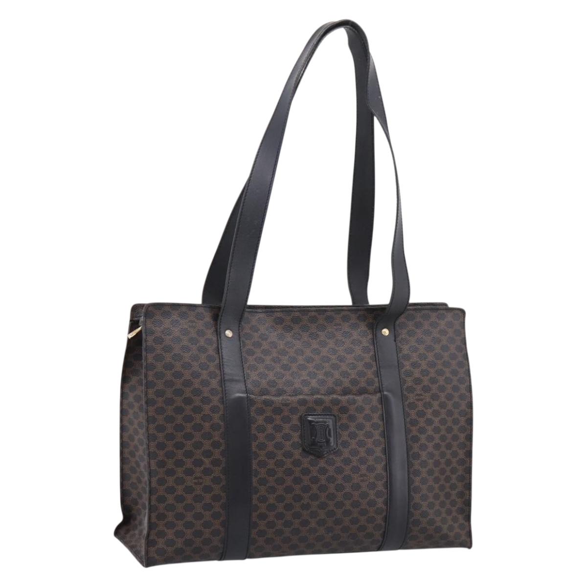 CELINE Macadam Canvas Tote Bag PVC Leather Black Gold Auth 203654A