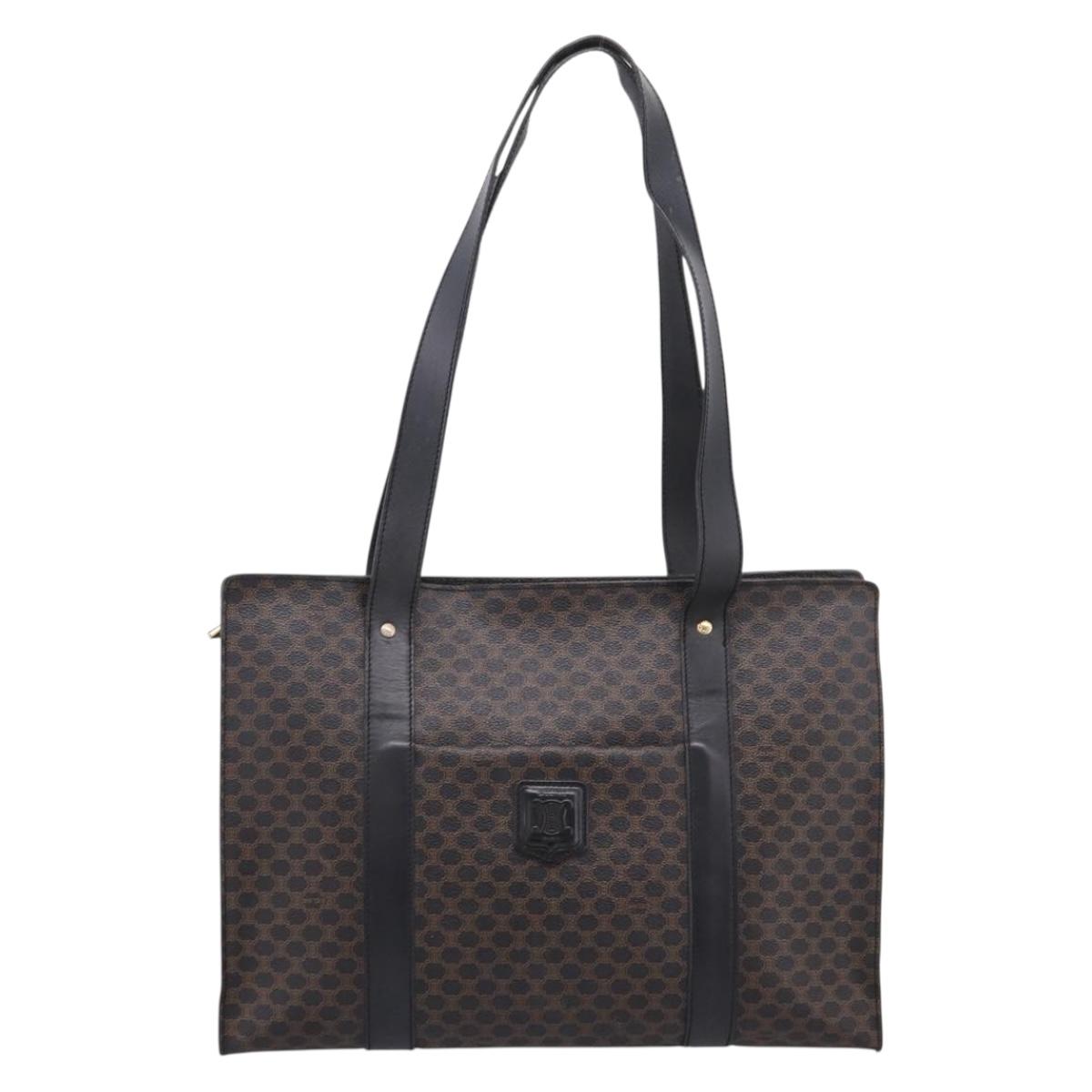 CELINE Macadam Canvas Tote Bag PVC Leather Black Gold Auth 203654A