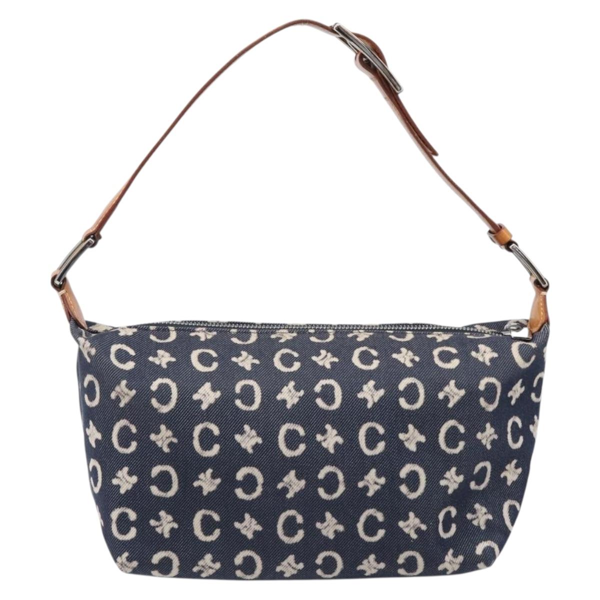 CELINE Paris Macadam Canvas Shoulder Bag Denim Navy Silver Auth 203675A