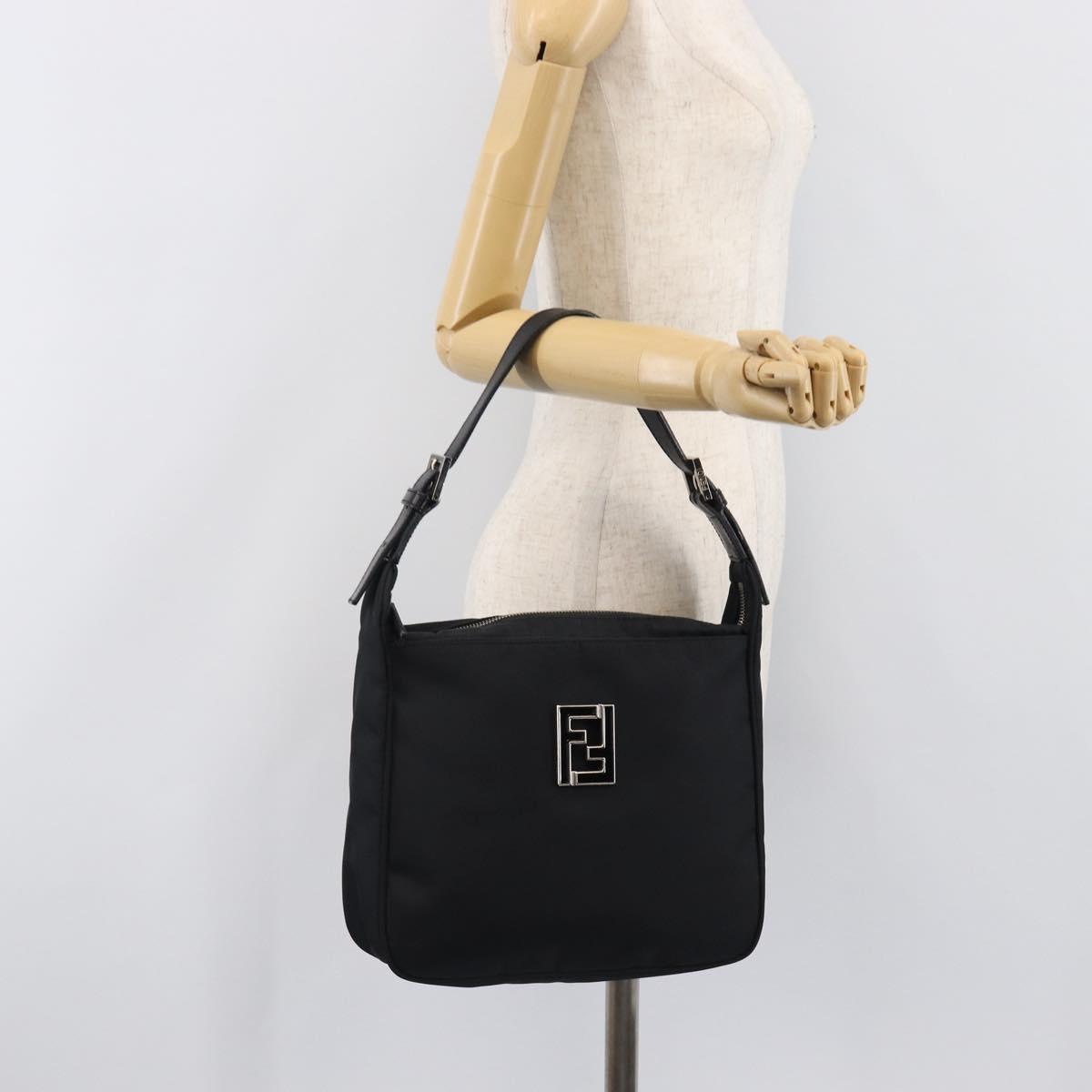 FENDI Shoulder Bag Nylon Black Silver Auth 203677A