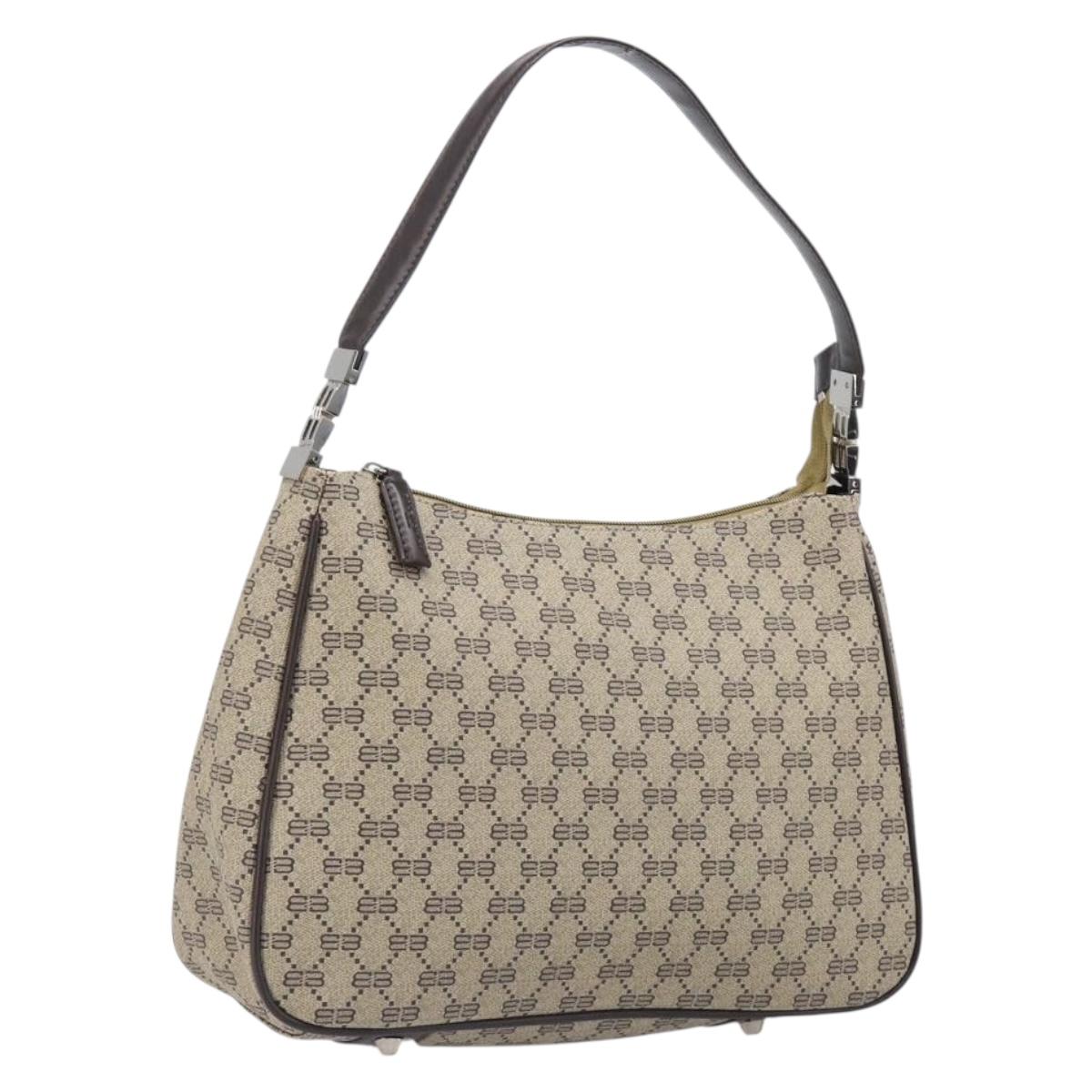 BALENCIAGA Shoulder Bag PVC Canvas Beige Silver Auth 203687A