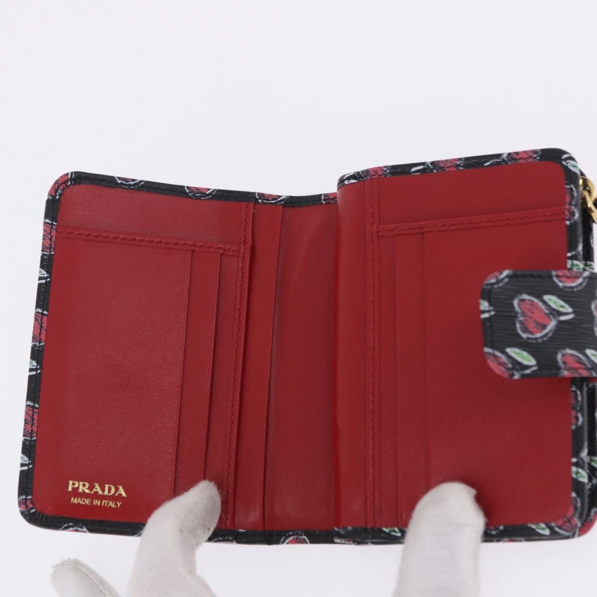PRADA Compact Wallet Leather Black Gold Auth 203694M
