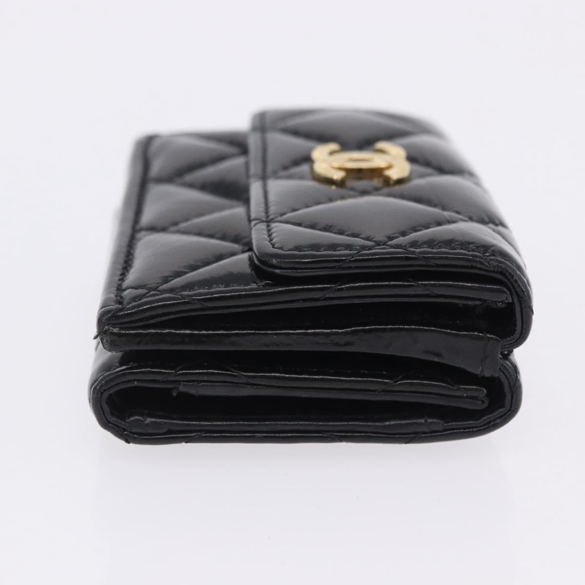 CHANEL Matelasse Compact Wallet Patent Leather Black Gold CC Auth 203711M