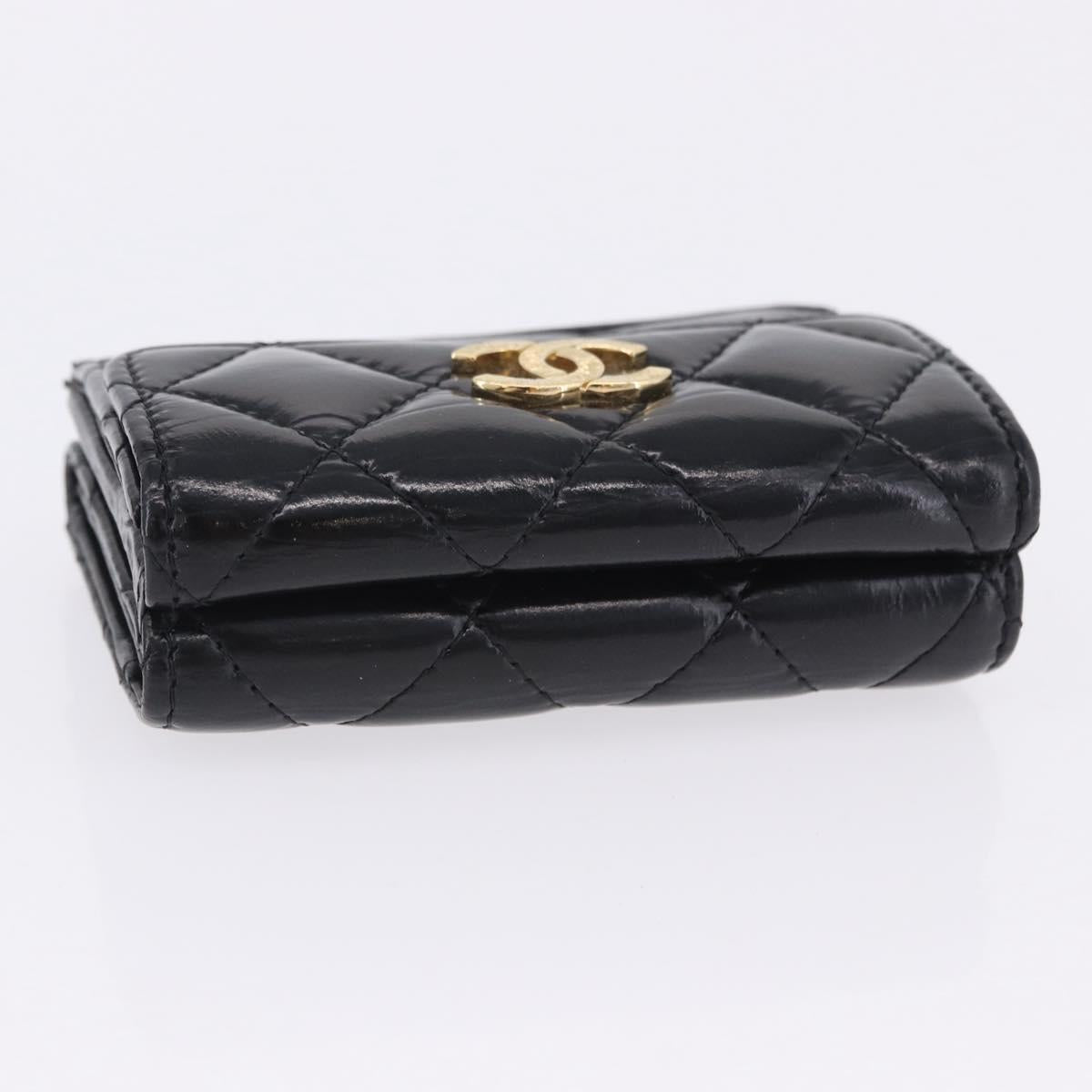 CHANEL Matelasse Compact Wallet Patent Leather Black Gold CC Auth 203711M