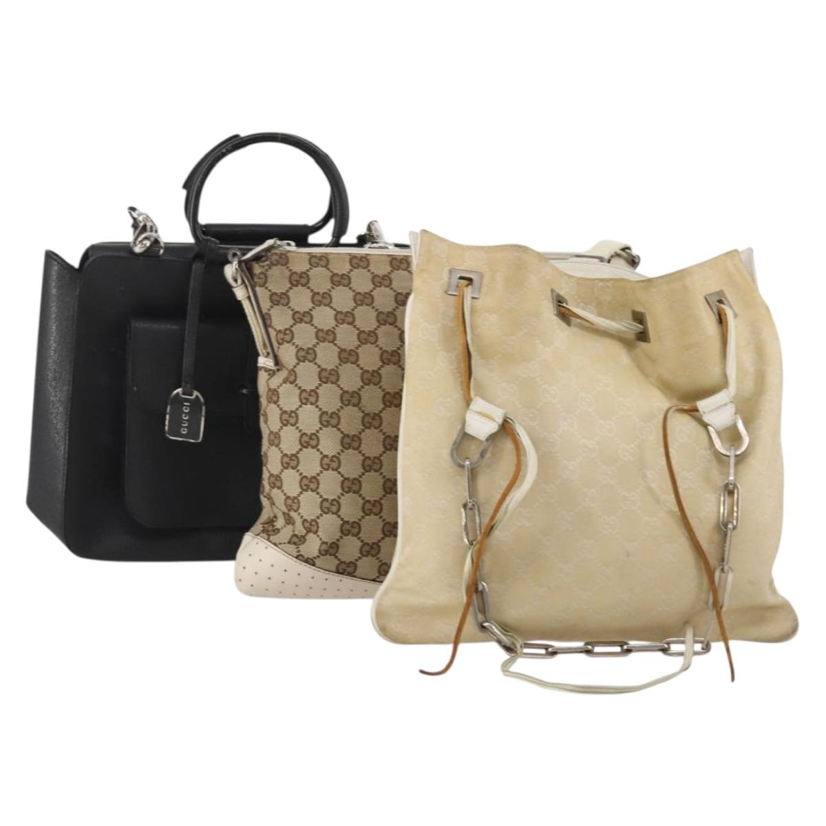 GUCCI GG Canvas Hand Bag Leather 3 Set Beige Black Ivory Auth 203741